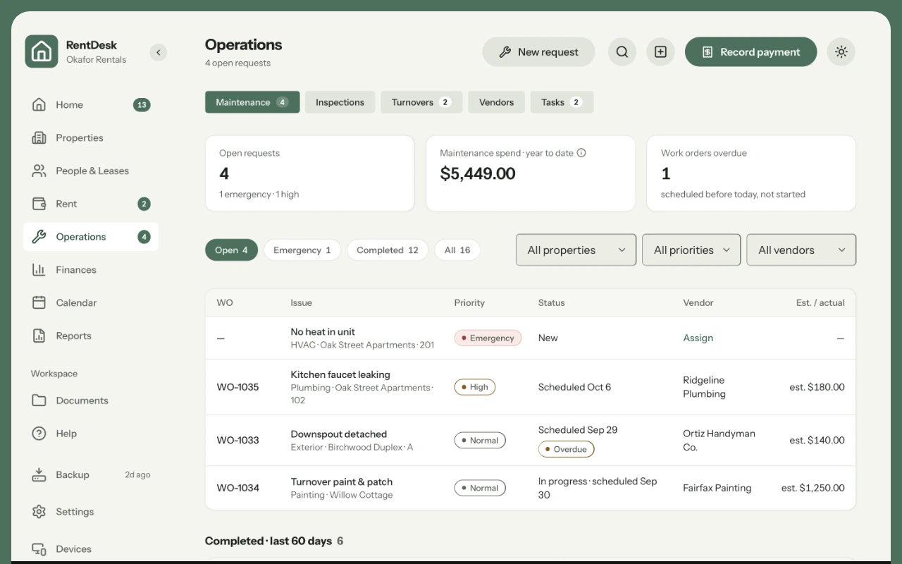 Maintenance in RentDesk: open requests and work orders with priority, status, vendor and cost