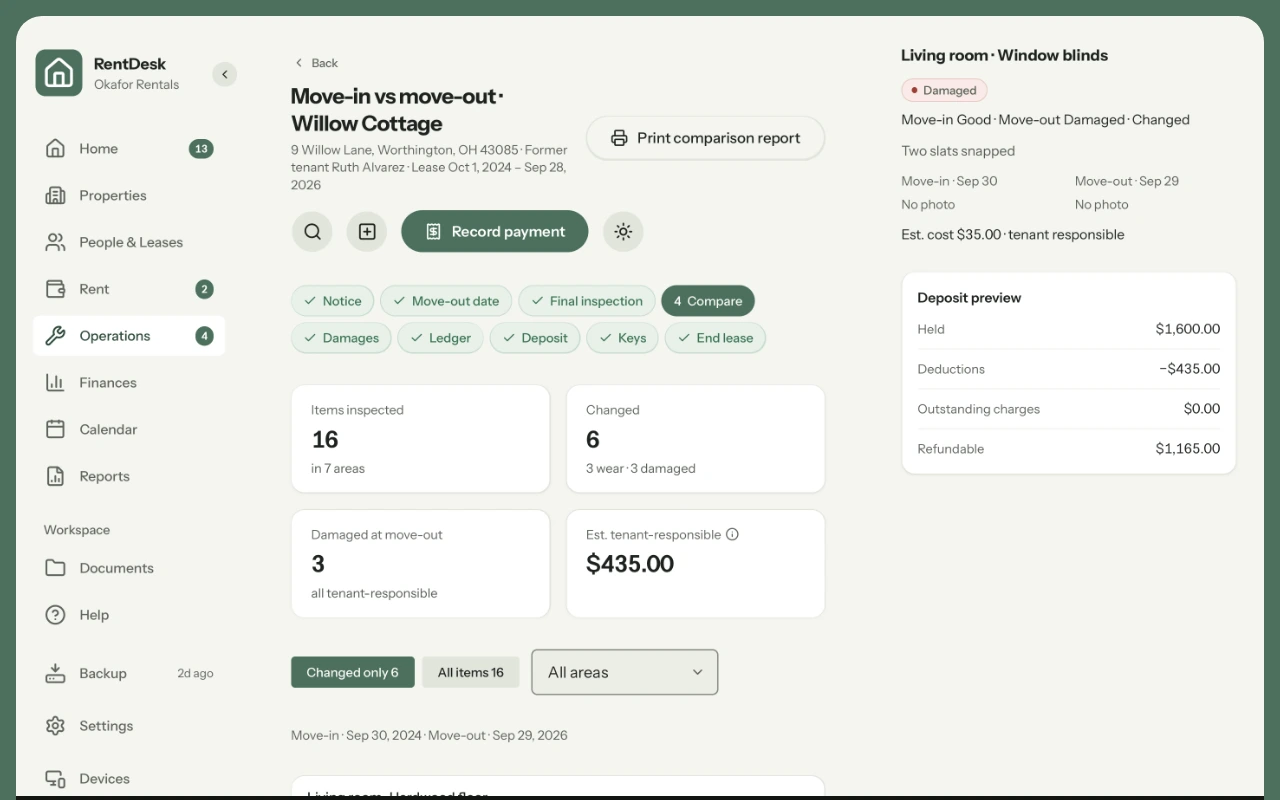 A move-out in RentDesk: move-in and move-out inspections compared, the damages and the deposit refund